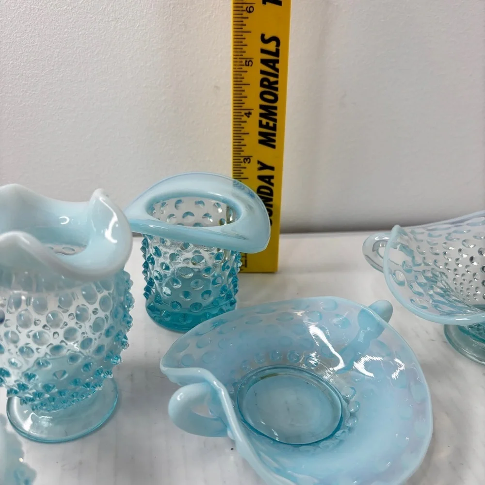 VTG Fenton Blue Opalescent Hobnail 7 pc lot Trinket Candy Dishes Votive Bud Vase